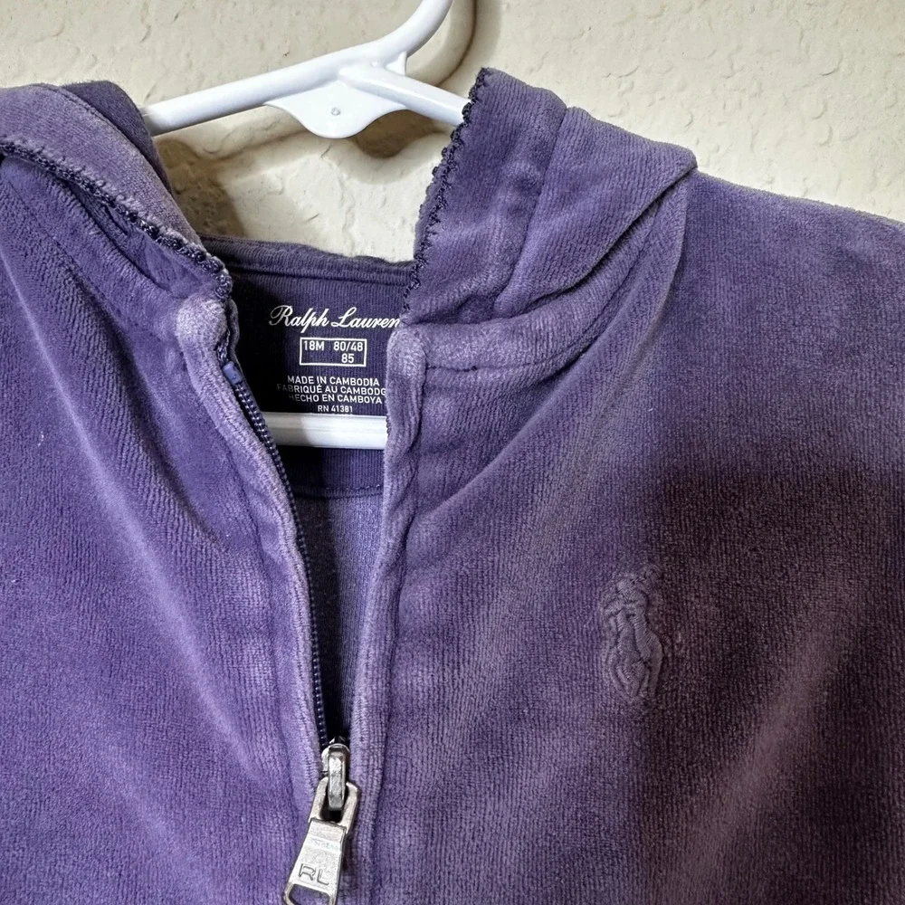 Ralph Lauren Girls Purple Velour Peplum Full Zip Hoodie Sweatshirt 18M